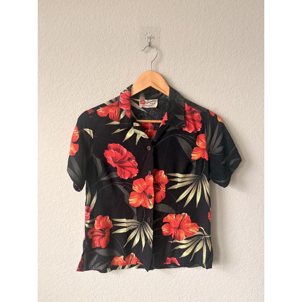 Vintage Hilo Hattie Hawaiian Shirt Black Red Hibiscus, Single Stitch